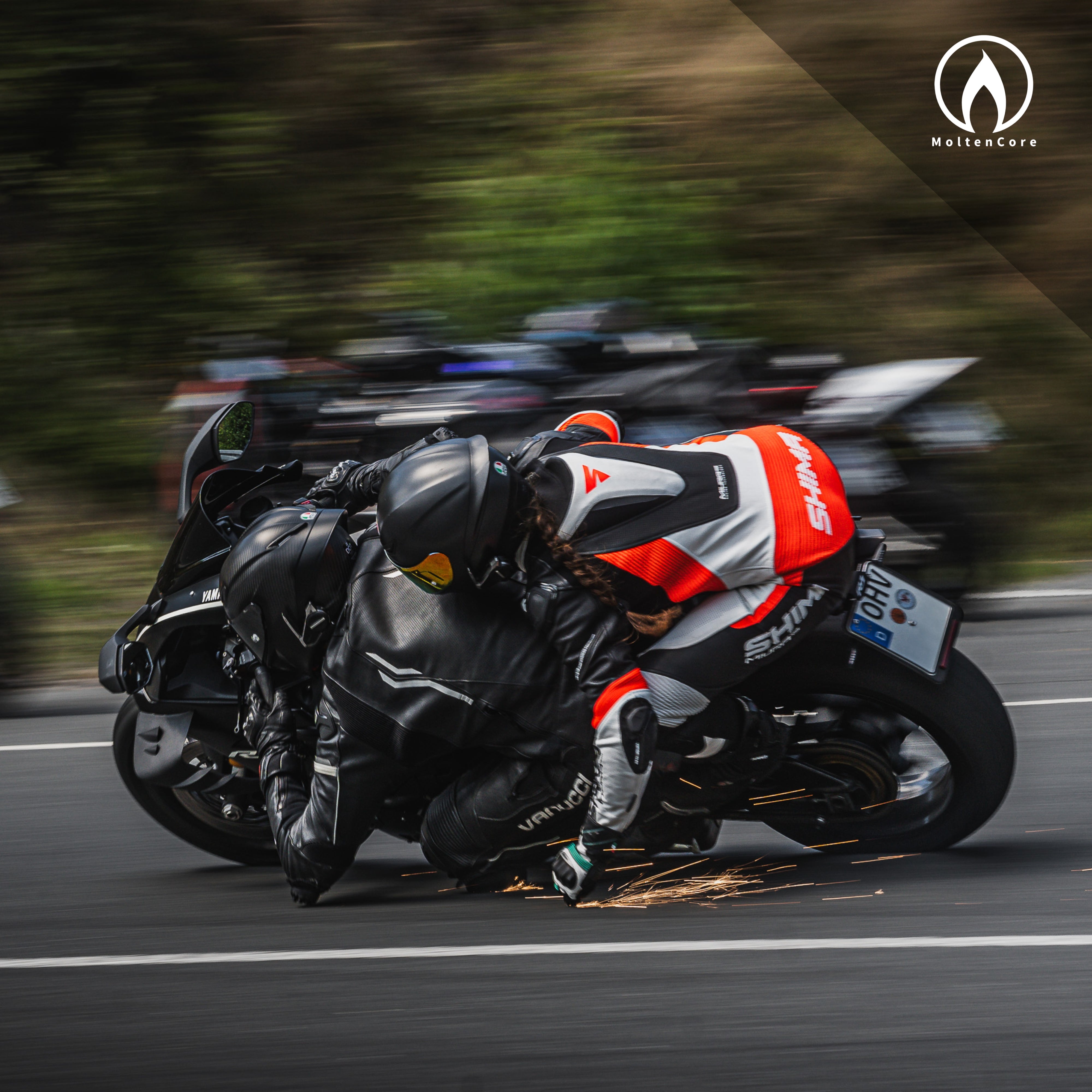 Motorcyclist sparking with VortexV3 Fingerslider on track