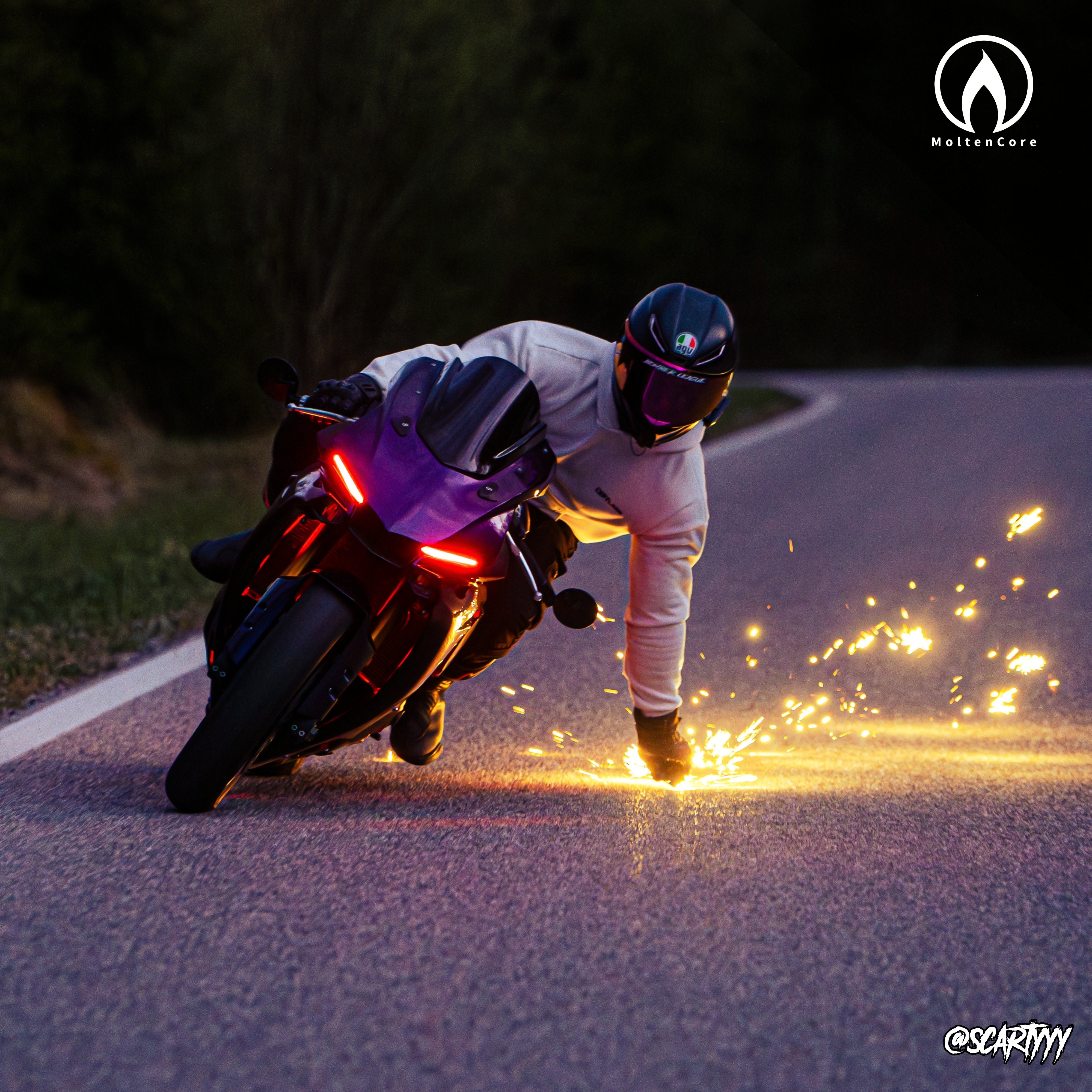Motorcyclist creating sparks with VortexV3 Fingerslider