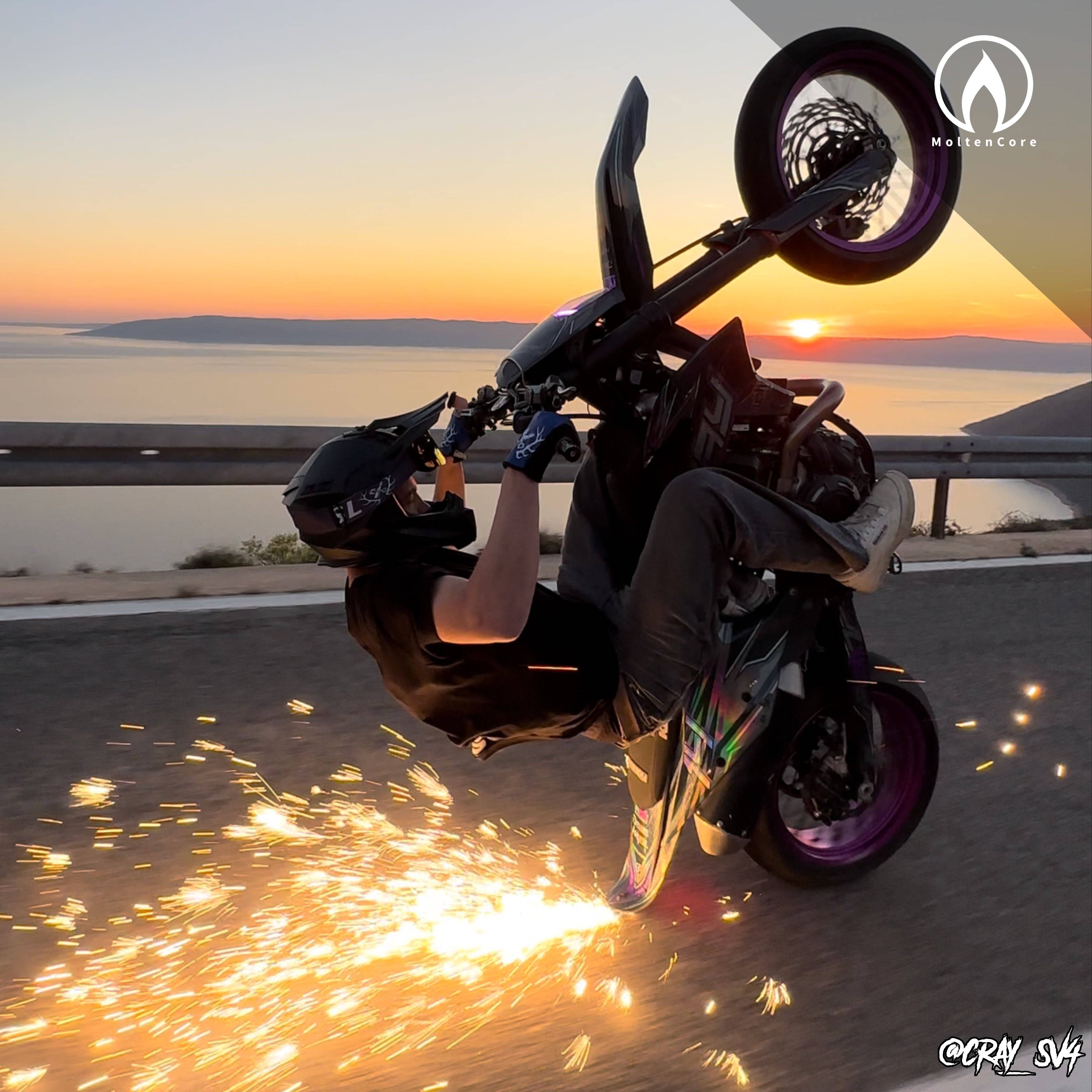 Sunset motorcycle stunt with FlareV5 TailScraper sparks
