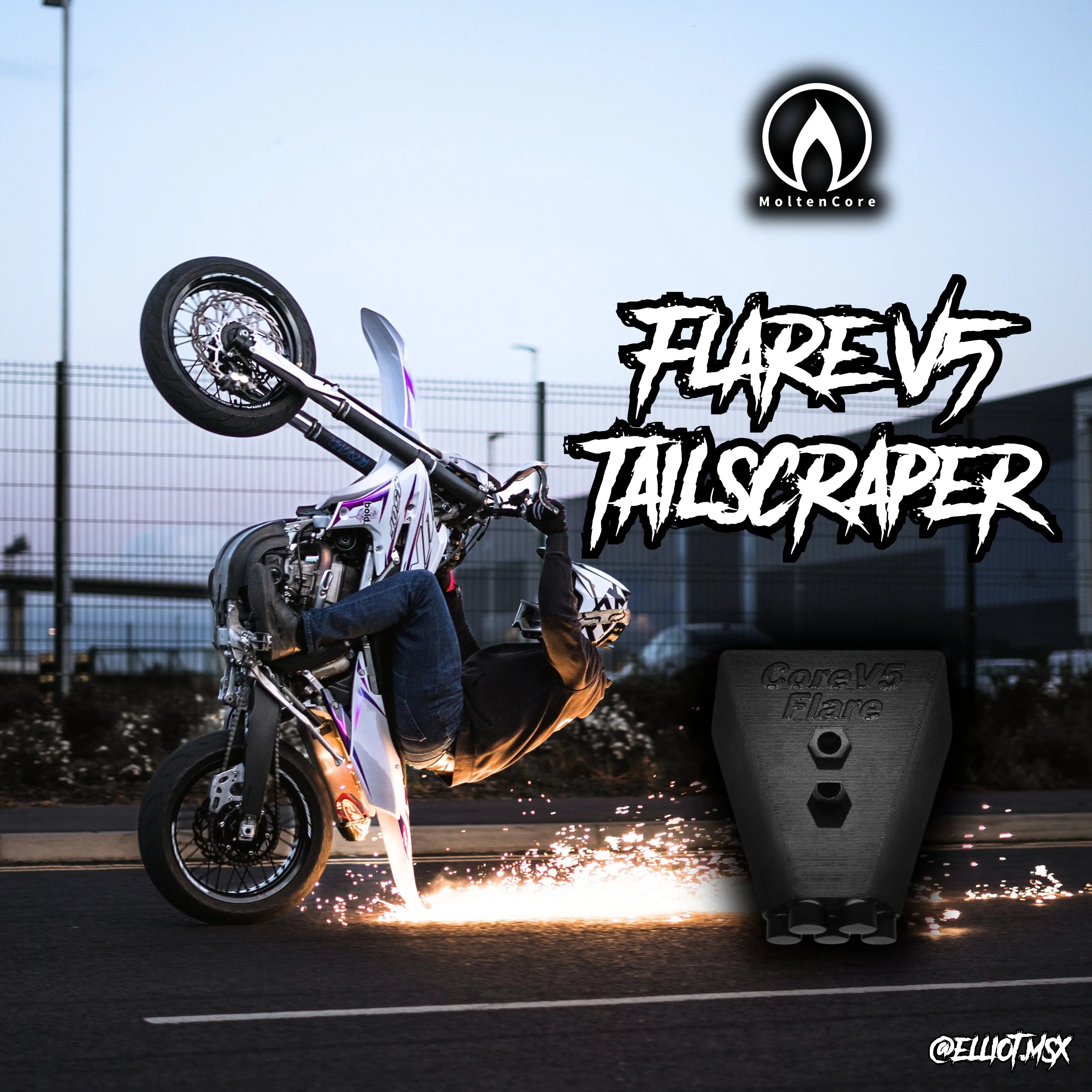 Motorcycle performing wheelie with FlareV5 TailScraper sparks