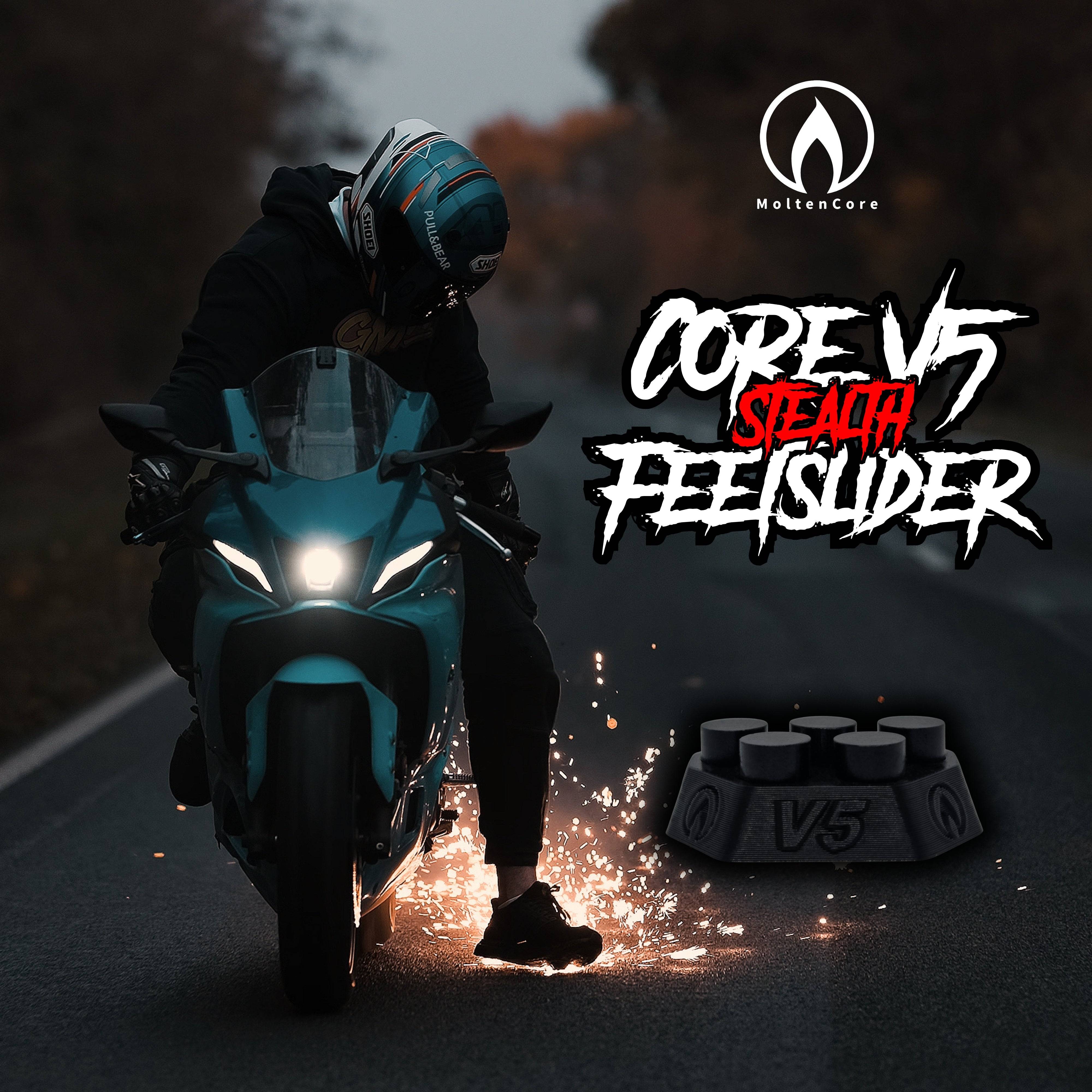 CoreV5 Stealth Feetslider sparks on motorcycle