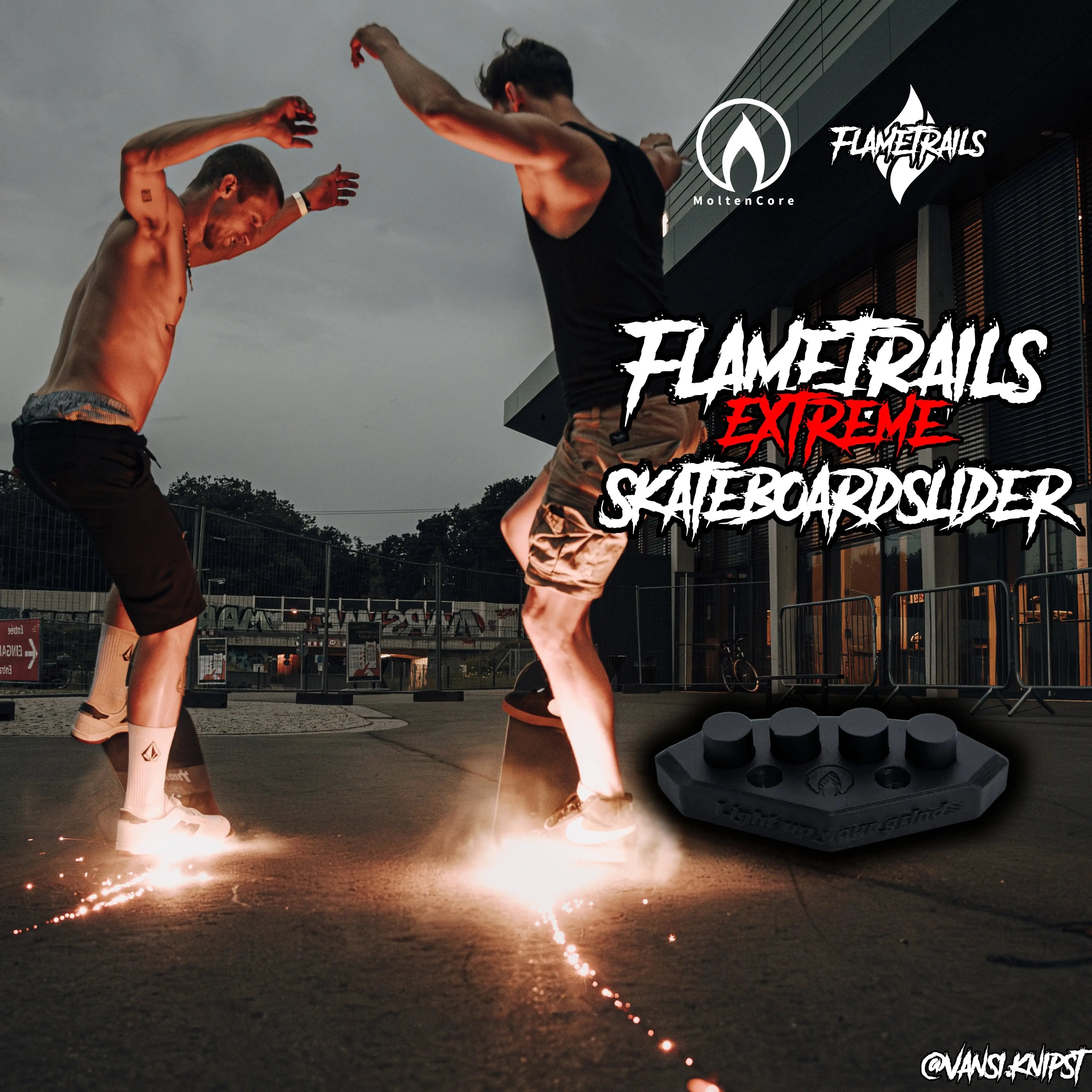 Skateboarders using FlameTrails Sliders for spark effects