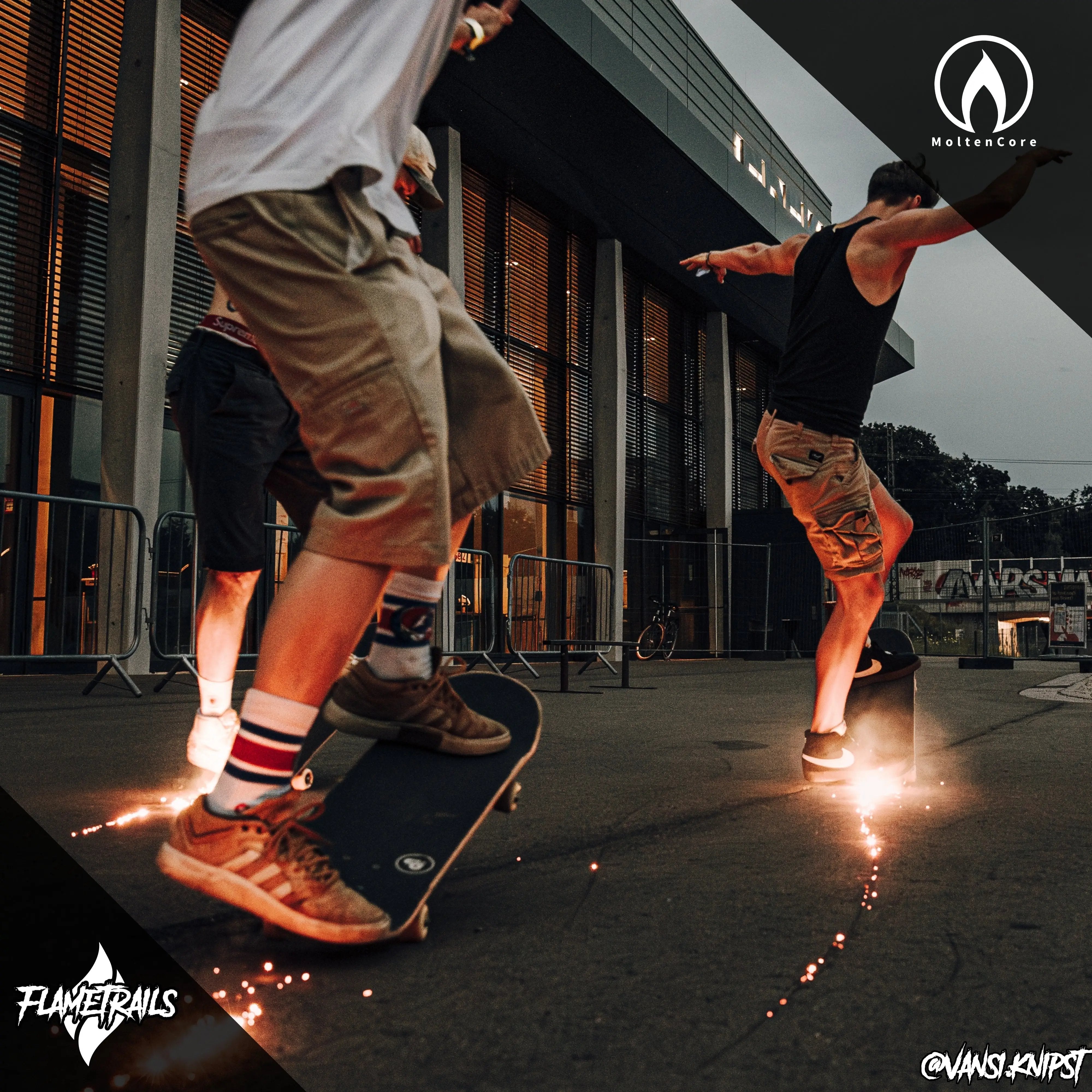 Skateboarders creating sparks with FlameTrails Sliders
