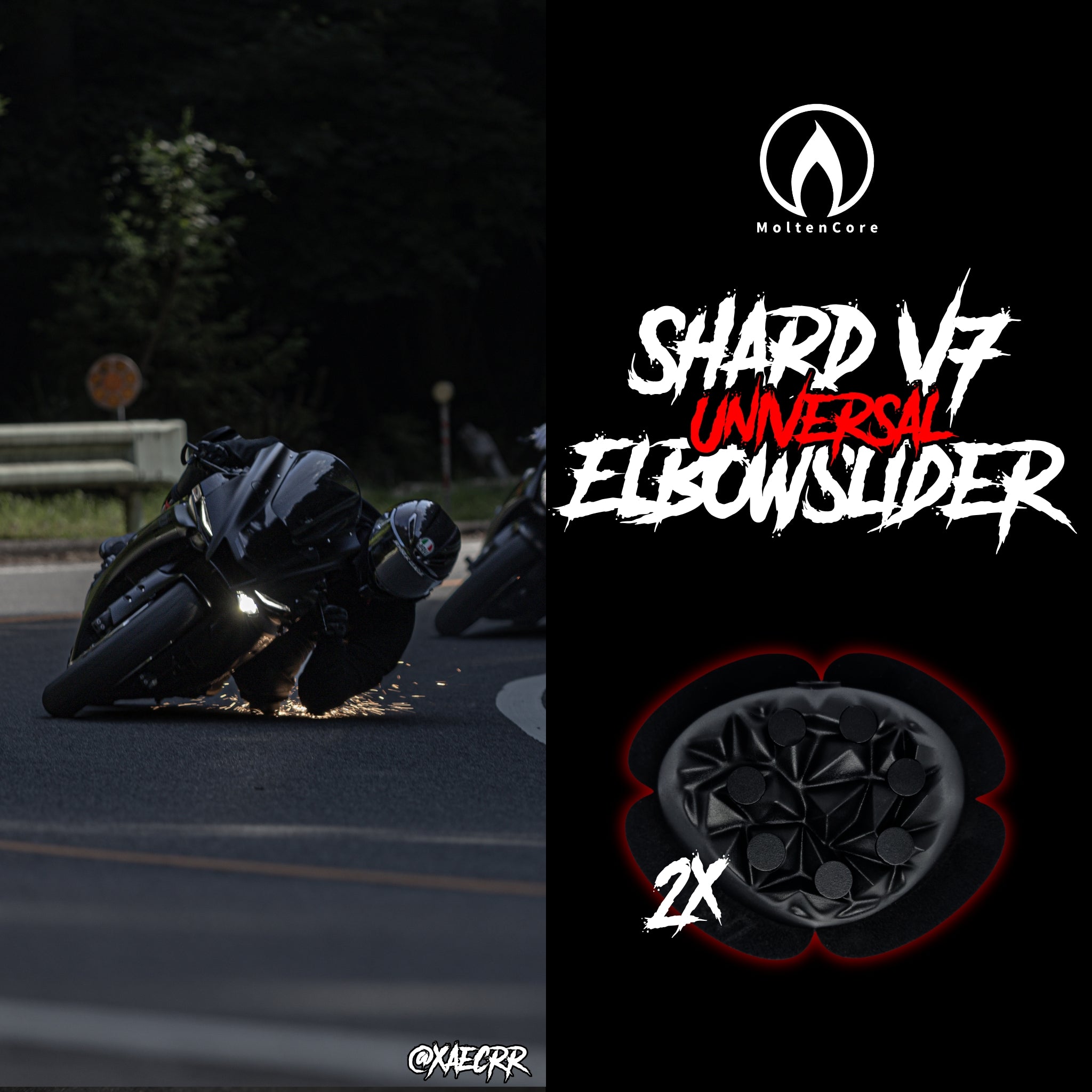 Motorcyclist using ShardV7 Elbow Sliders, sparks flying